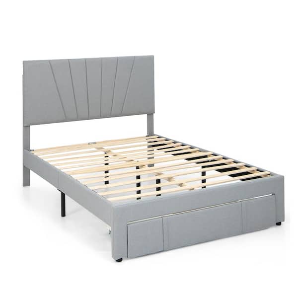 Gymax Gray Wood Frame Full Upholstered Platform Bed with Drawer Adjustable Headboard