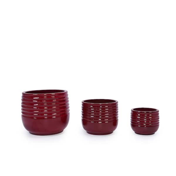 Red Set of 3 Mixed Size Outdoor Ceramic Plant Pots Stylish Ceramic Planters for Indoor Outdoor Use