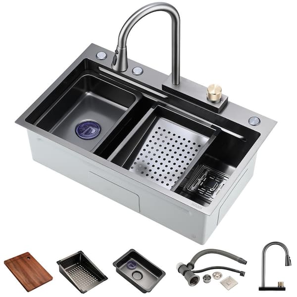 Movisa 30 in Drop in single Bowl 16 Gauge Stainless Steel Sink with Pull Down Faucet, and Accessories