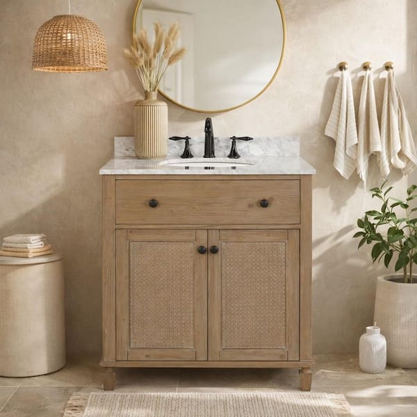 Annie 30 in. Bath Vanity in Weathered Fir with Marble Vanity Top in Carrara White with White Basin