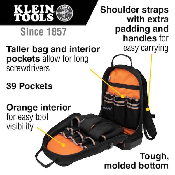 Klein Tools Tradesman Pro Tool Bag Backpack, 39 Pockets, Black, 14