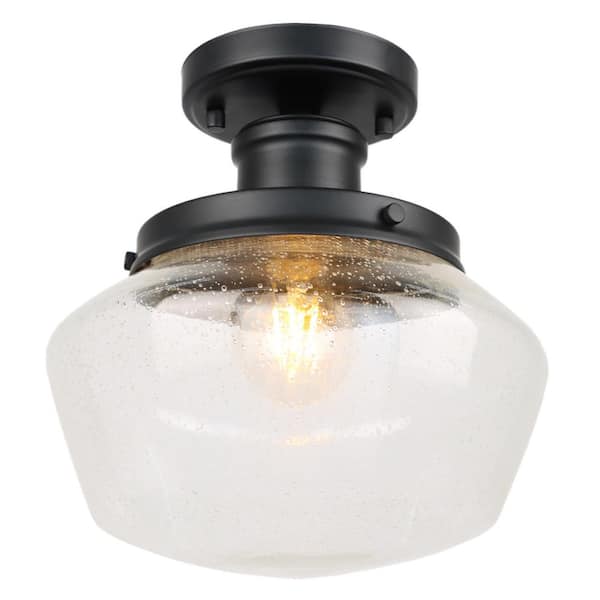 PUDO 10 in. 1-Light Industrial Semi Flush Mount Black Pendant Light with Glass Shade for Hallway Corridor Kitchen