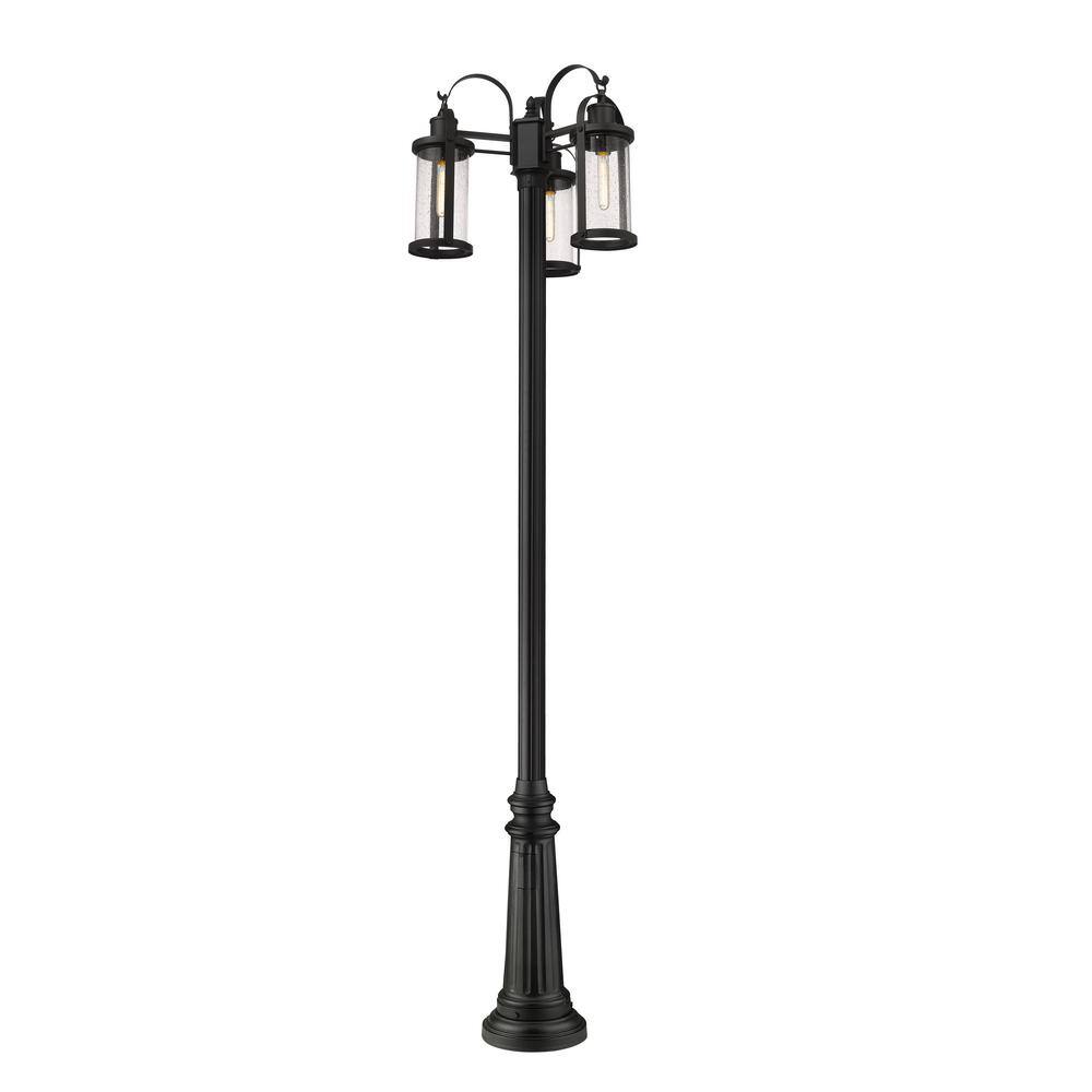 Black Aluminum 3-Light Outdoor Post with Clear Seedy Glass Shades