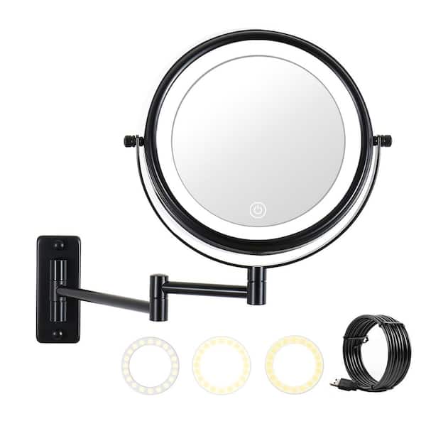 LORDEAR 12 in. W x 16.8 in. H L Metal Black Makeup Mirror with Lights Wall Mounted Adjustable Height Double-Sided Mirror 10x