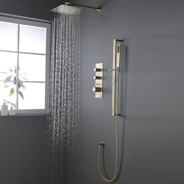 1-Spray 10 in. Thermostatic Rain Dual Shower Head Wall Mount Fixed and Handheld Shower Head 1.5 GPM in Brushed Gold