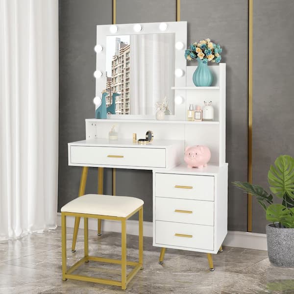 Karl home White Makeup Vanity Set with 9 LED Bulbs, Cushloned Stool, 3 Storage Shelves and 4 Drawers