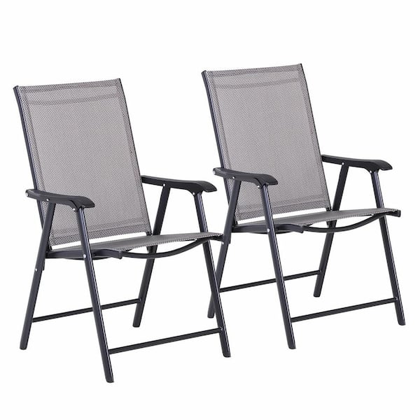 FORCLOVER Black Outdoor Chair Metal Outdoor Lounge Chair in Gray Set of 2, Easy Folding