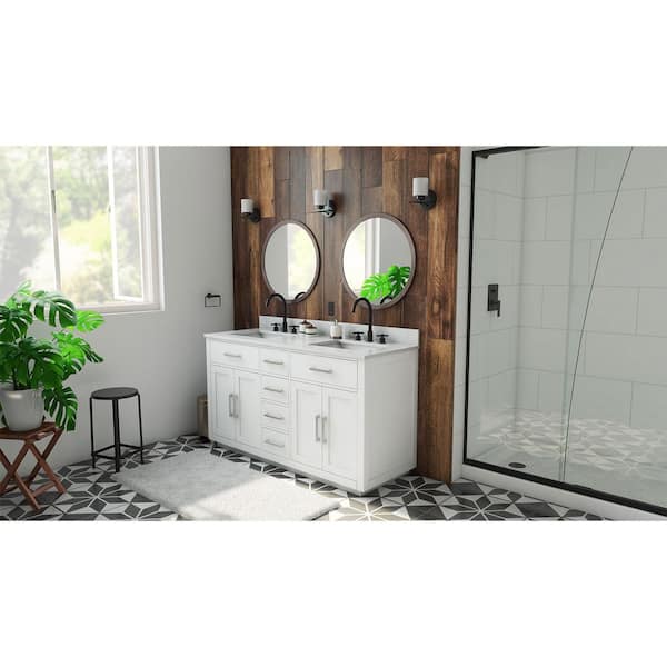 Dexterity 60 in. W x 22 in. D x 34 in . H Oak Vanity with Rectangular Undermount Sinks - White with White Top