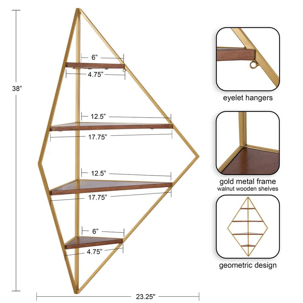Walnut Brown Floating Corner Shelf with Gold Frame