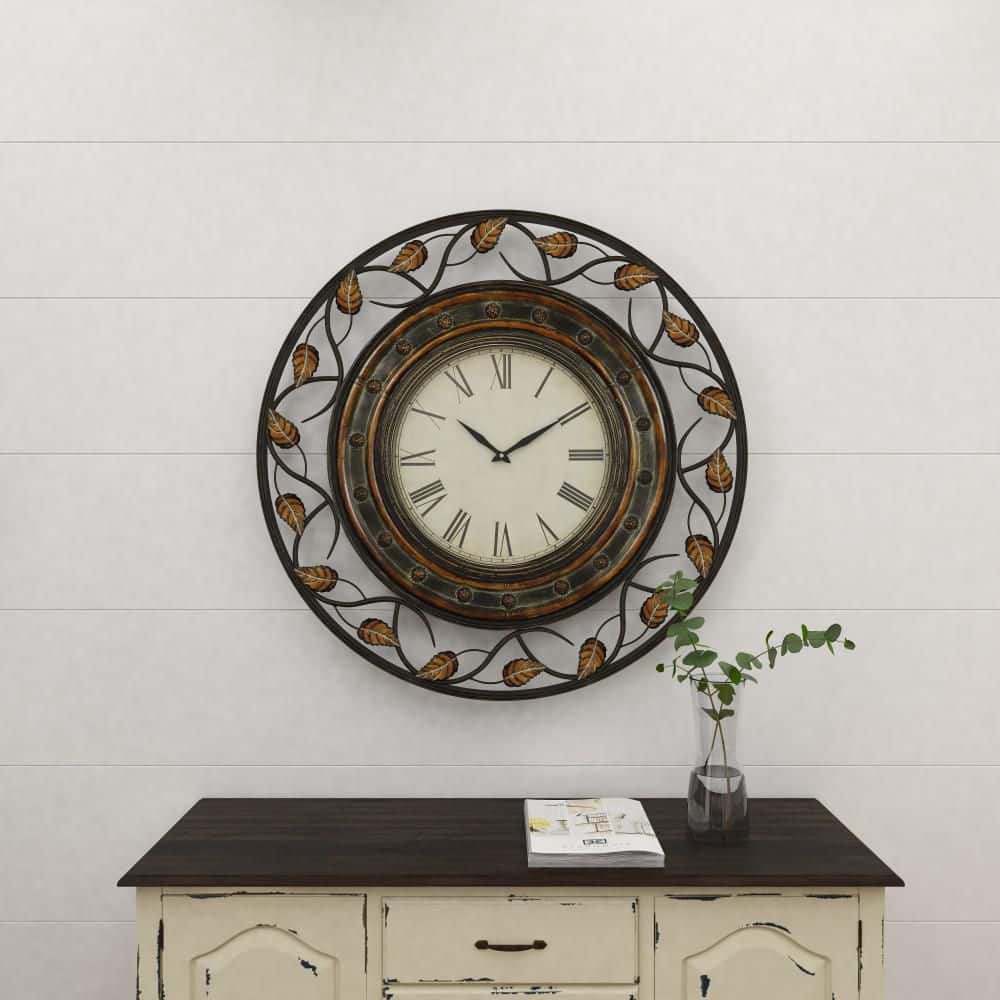 36'' Brown Metal Leaf Medallion Wall Clock with Scrolled Vines