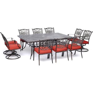 Traditions 11-Piece Aluminum Outdoor Dining Set with 4 Swivel Rockers and Red Cushions