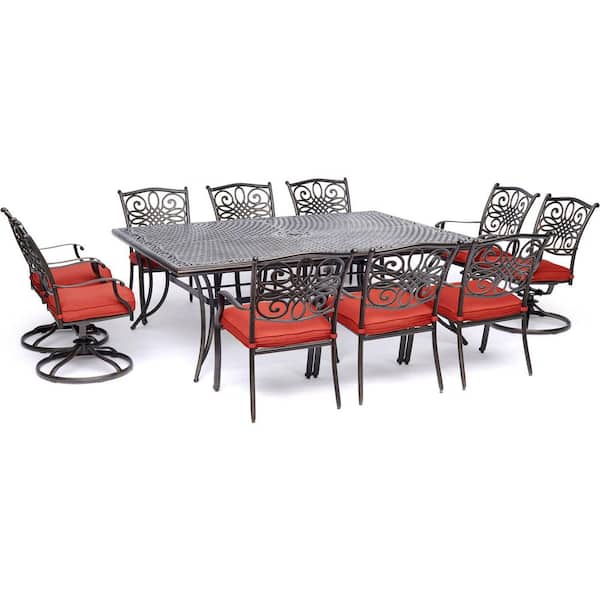 Traditions 11-Piece Aluminum Outdoor Dining Set with 4 Swivel Rockers and Red Cushions