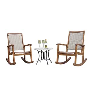 3-Piece Ash Grey Wicker and Eucalyptus Outdoor Rocking Chair Set with Marble Accent Table