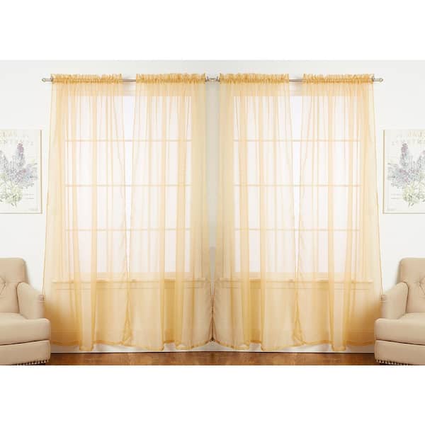 J&V TEXTILES Solid Gold 55 in. W x 84 in. L Rod Pocket Sheer Window Curtain Panel (Set of 4)