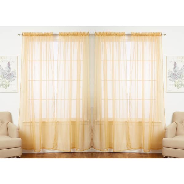 J&V TEXTILES Solid Gold 55 in. W x 84 in. L Rod Pocket Sheer Window Curtain Panel (Set of 4)