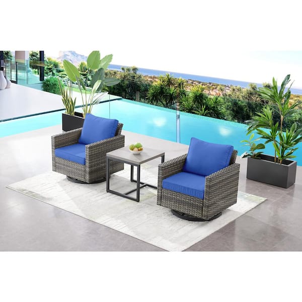 Gymojoy Valenta Gray Wicker 3-Piece Patio Conversation Set with Blue Cushions