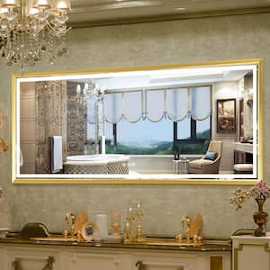 88 in. W x 38 in. H Large Rectangular Metal Framed Dimmable AntiFog Wall Mount LED Bathroom Vanity Mirror in Gold