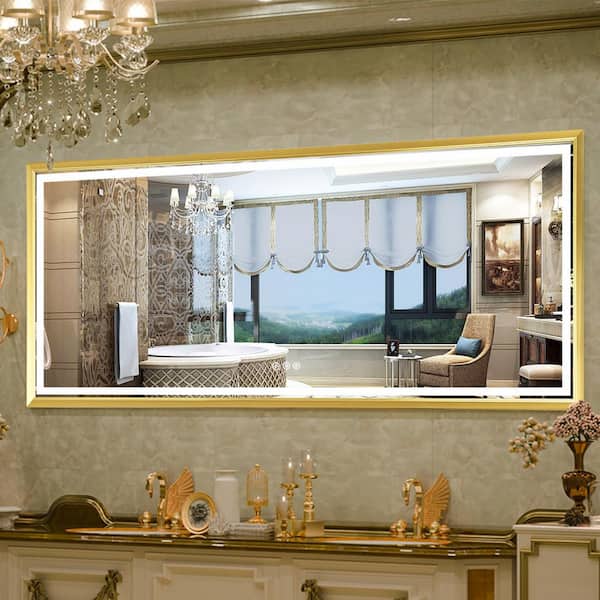 Andrea 88 in. W x 38 in. H Large Rectangular Metal Framed Dimmable AntiFog Wall Mount LED Bathroom Vanity Mirror in Gold