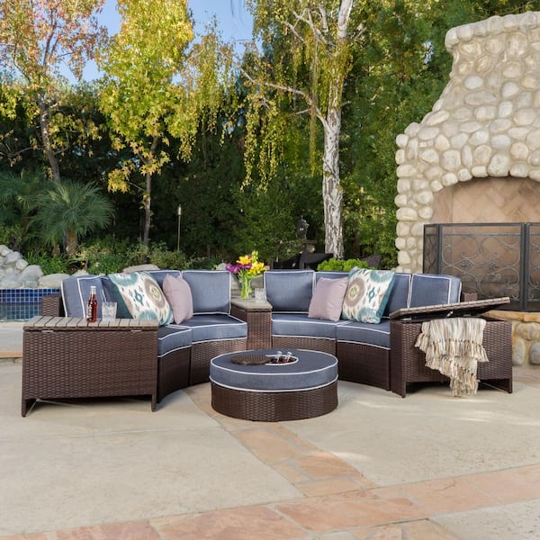 Noble House Lachlan Brown 8-Piece Wicker Outdoor Sectional Set with Navy Blue Cushions and Ice Bucket