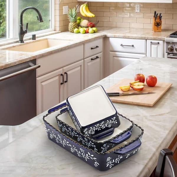 3-Piece Ceramic Rectangular Baking Dish Lasagna Pan Set in Blue for Kitchen Cooking Casserole Cake Dinner Banquet