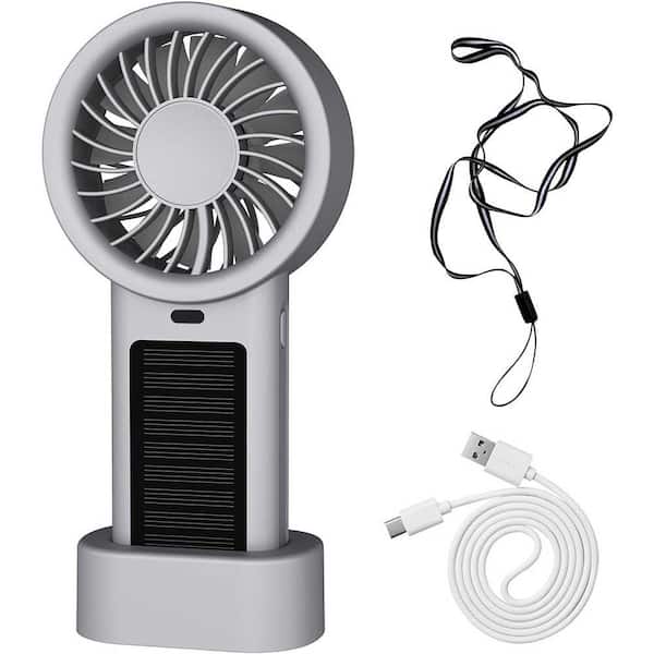 Mini Portable Solar Fan with Base and Hanging Rope for Travel or Office in Silver Grey