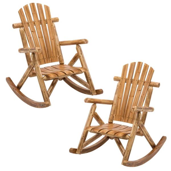 Nature Wood Outdoor Rocking Chair Set of 2 Rocker Chair Outside Patio Lawn Living Room Porch Beach Balcony, Brown