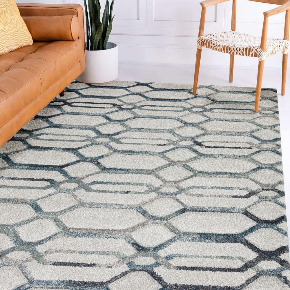 Carmona 8' x 10' Gray and Blue Geometric Synthetic Rug