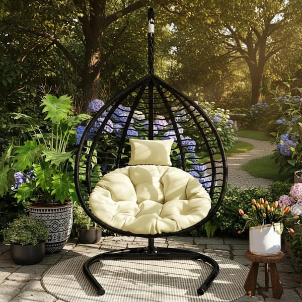 WOQWOQ 44.1 in Black Outdoor Hanging Hammock Chair with Iron Frame
