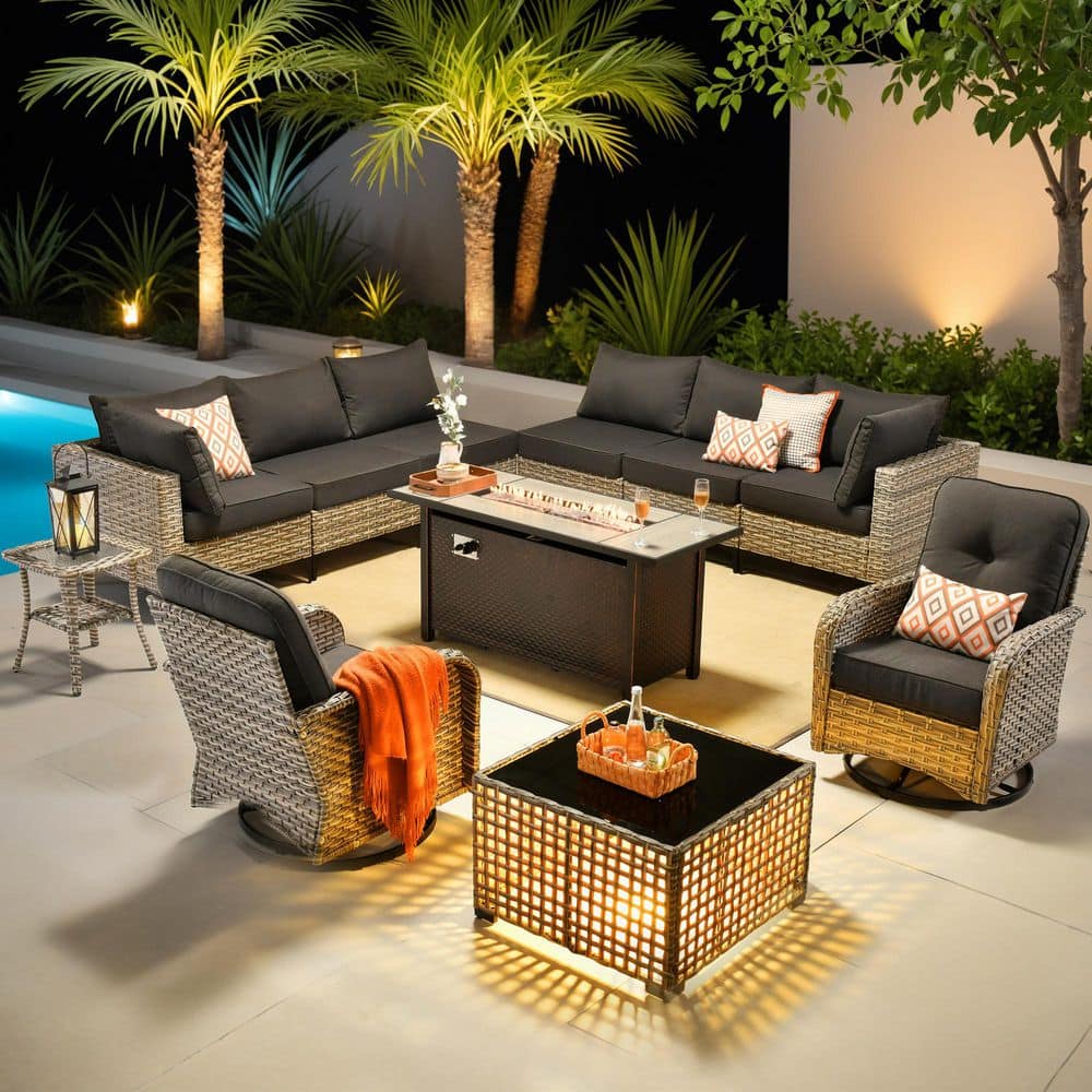 Melly Gray 11-Piece Wicker 54 in. Rectangle Fire Pit Outdoor Sectional Set with Black Cushions and Swivel Chairs