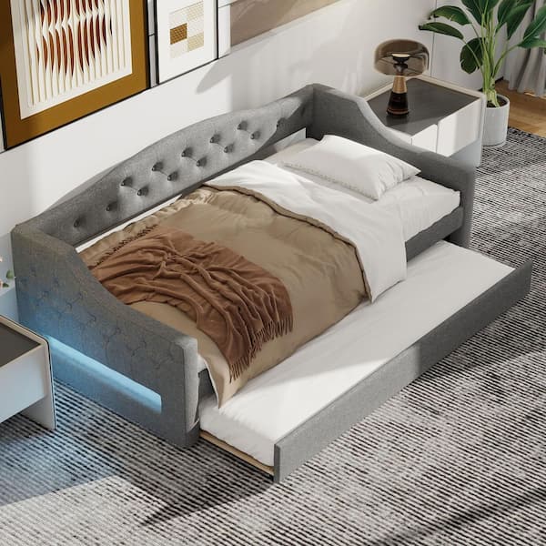 Polibi Gray Twin XL Size Daybed with LED Belt and Trundle RS519