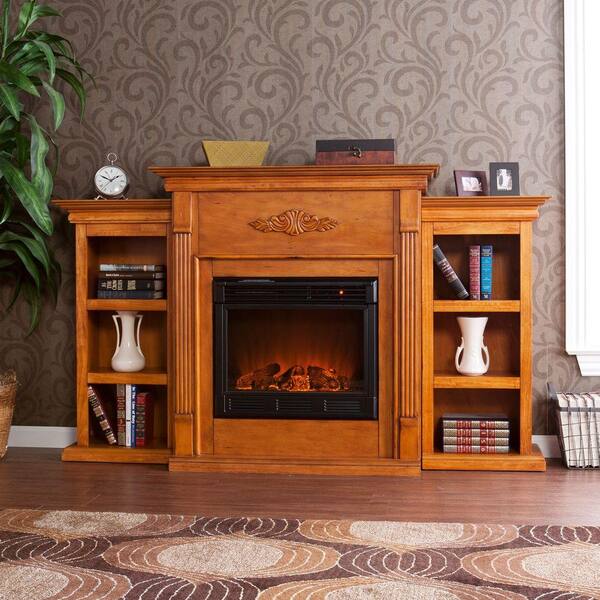 Southern Enterprises Tennyson 70 in. Electric Fireplace with Bookcases in Plantation Oak-DISCONTINUED