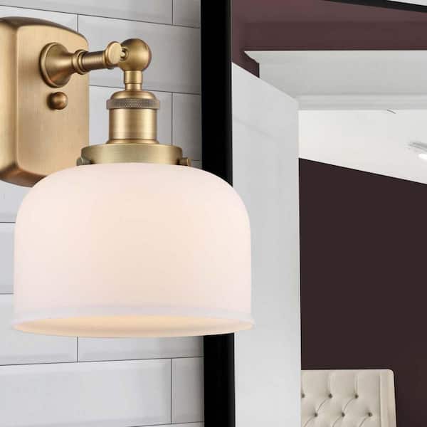 Bell 1-Light Brushed Brass Wall Sconce with White Glass Shade