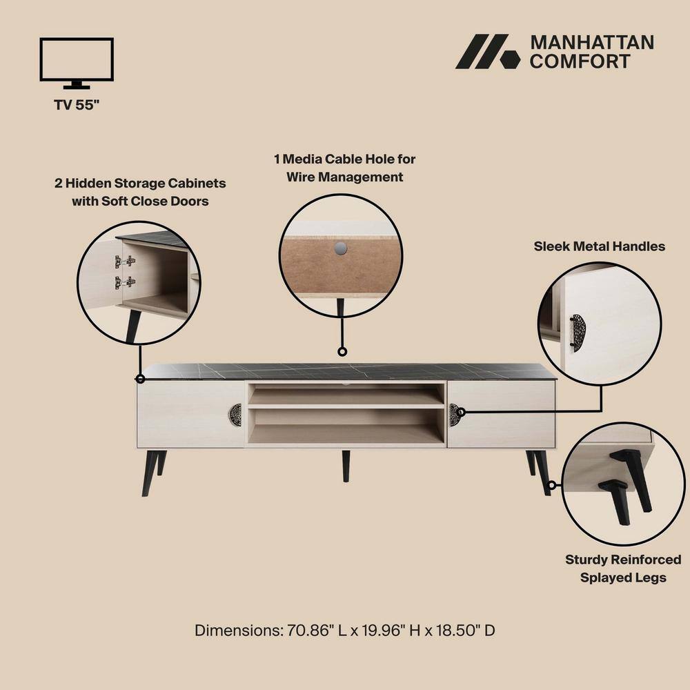Haley 70.9" White and Black Marble TV Stand with Cabinet