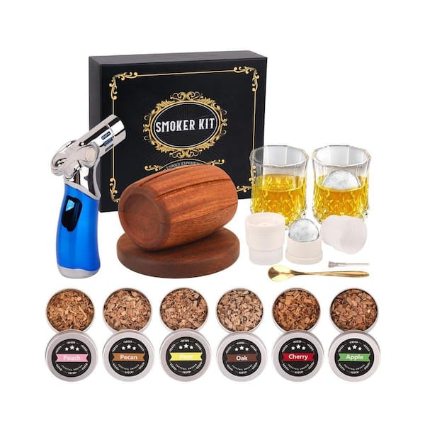 1-Kit Brown Wood Whiskey Smoker Cocktail Smoker Infuser Set with Torch and 6 Flavored Chips for Home Bar