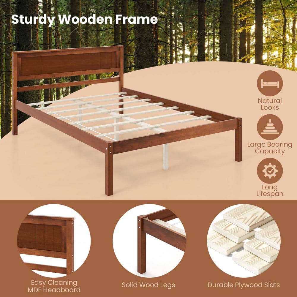 Brown Walnut Wood Frame Queen Size Platform Bed Frame with Headboard Mattress Foundation - thumbnail 7