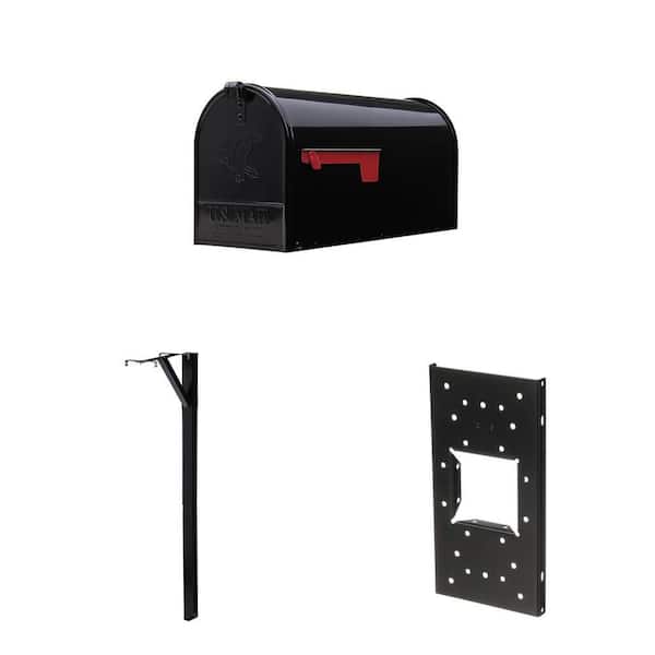 Elite Black, Large, Steel, Post Mount Mailbox with Black Steel Drive-in Post Kit and Black Steel Mounting Board