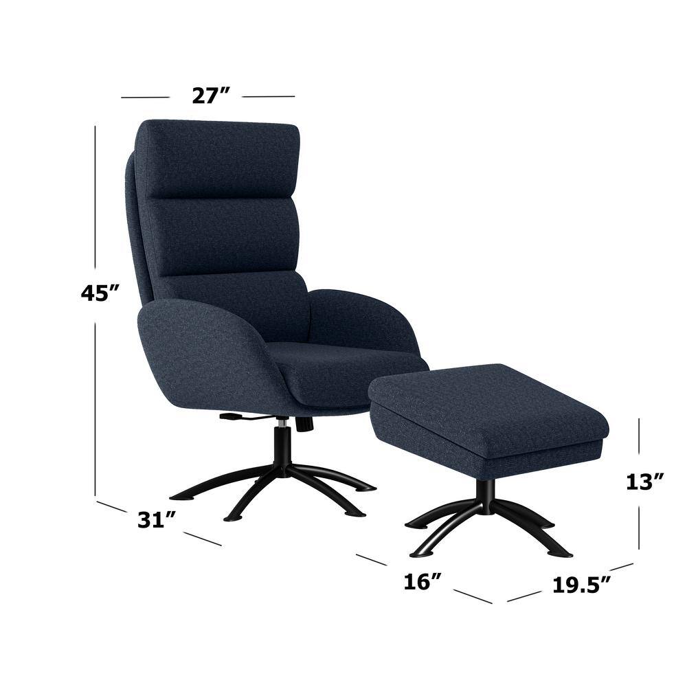 Measurement diagram of the deep blue tweed rocker chair and ottoman.