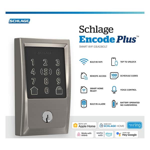 Century Satin Nickel Electronic Encode Plus Smart WiFi Deadbolt with Alarm