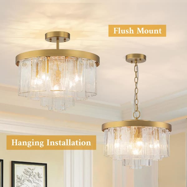 Hielo 5-Light Farmhouse Gold Chandelier 5-Light Water Rippe Glass Flush Mount Close to Ceiling Light for Dining Room