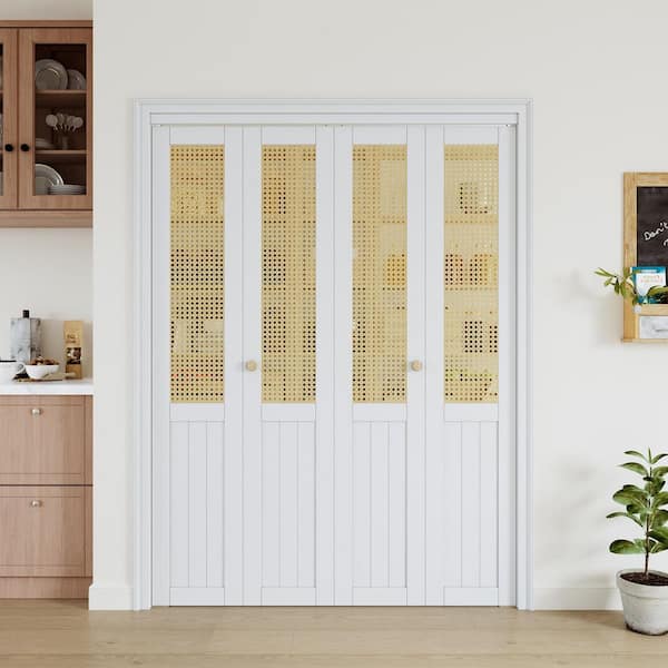 ARK DESIGN 60 in. x 80 in. Paneled Solid Core White Finished Wood and Imitated Rattan Weaving Bi-Fold Door with Hardware