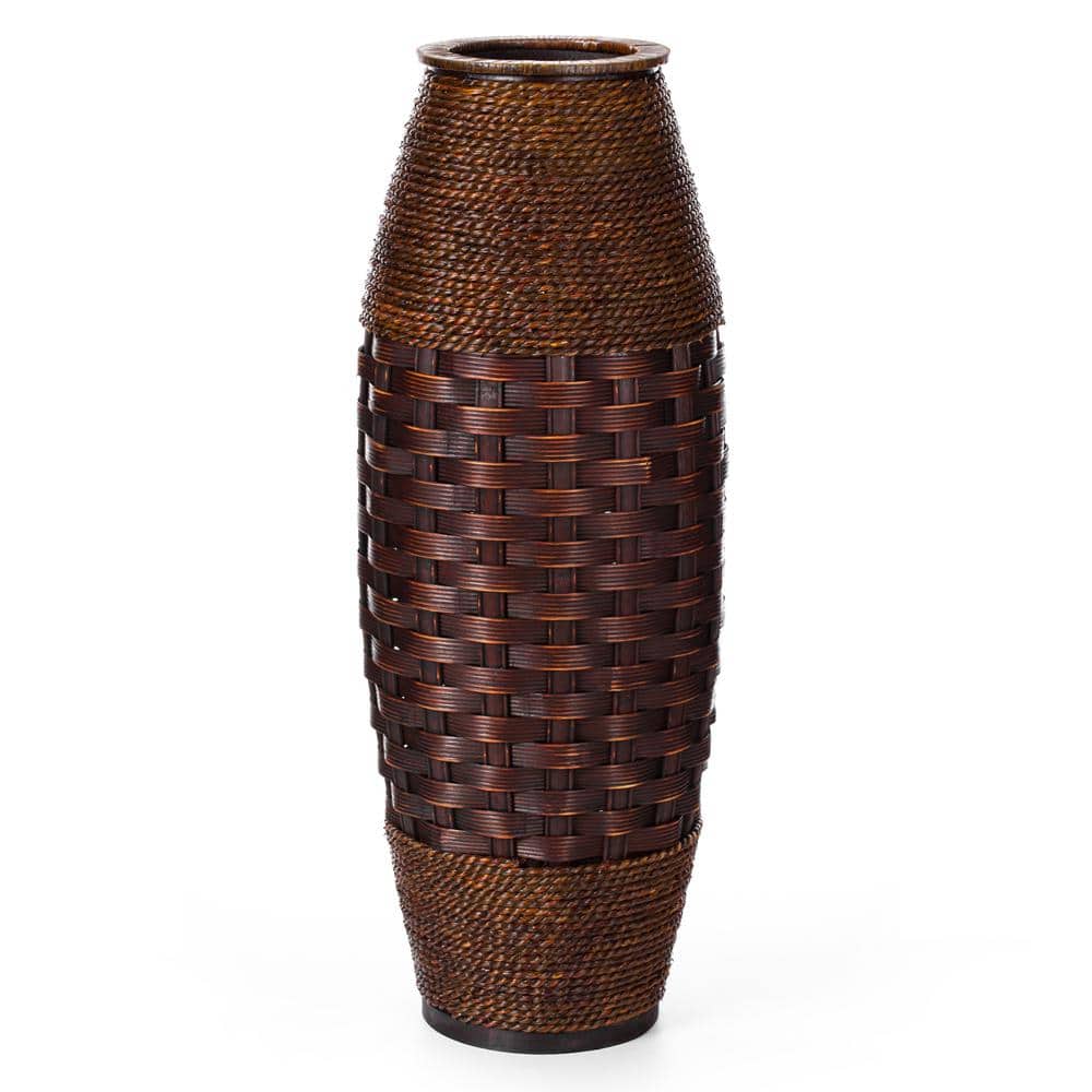 Antique Bamboo Rope Cylinder Floor Vase, Brown, 26"