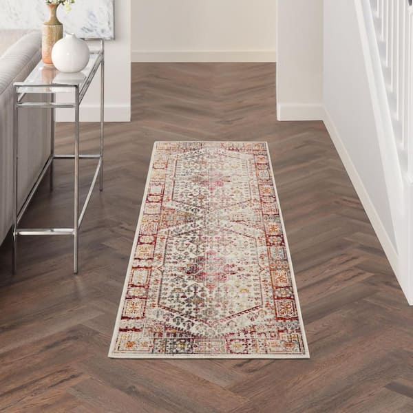 2 ft. x 6 ft. Beige Floral Washable Area Rug