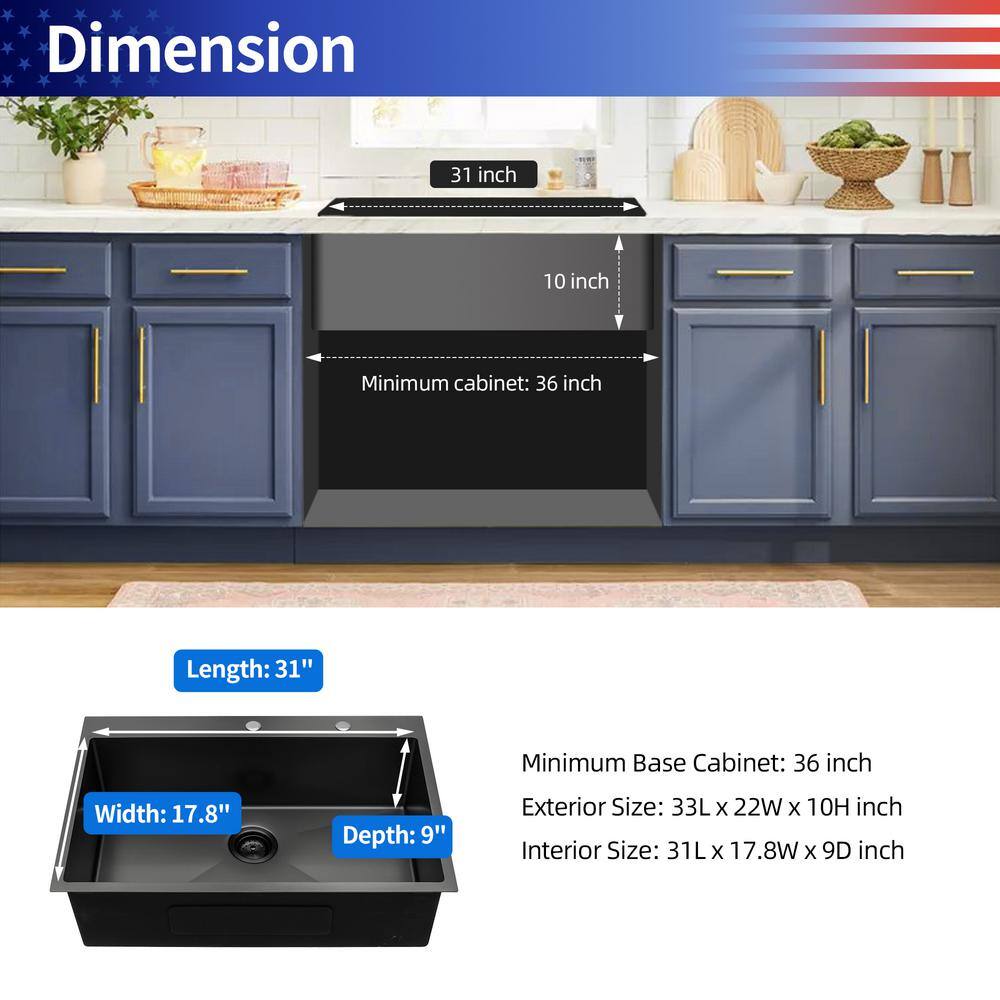 33'' Black Stainless Steel Single Bowl Drop-In Kitchen Sink
