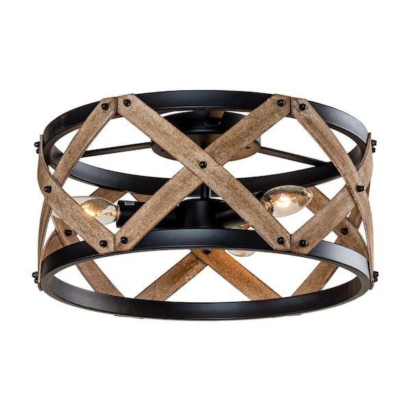 Flint GARDEN 15 in. 3-Light Black and Distressed Wood Farmhouse Drum Flush Mount Ceiling Light for Hallway