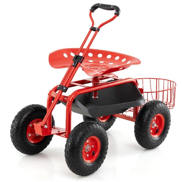 Steel Rolling Garden Cart with 360 Swivel Seat, Tool Tray and 10 in. Wheels, 330 lb. Capacity in Red