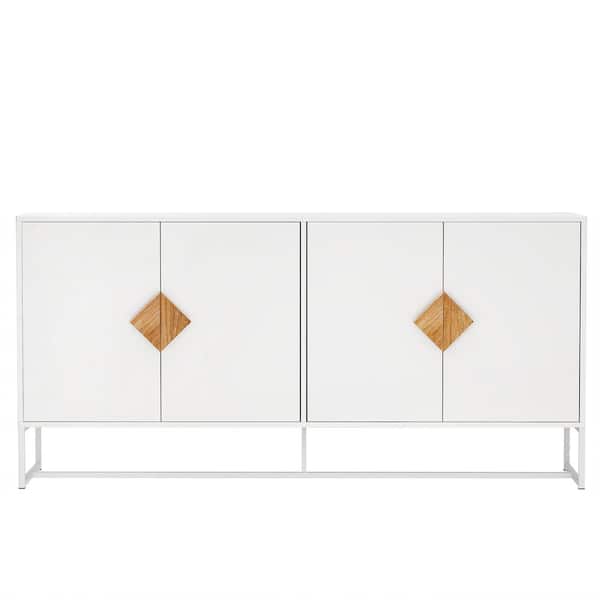 wetiny White Solid Wood Special Shape Square Handle Design with 4-Doors and Double Storage Sideboard