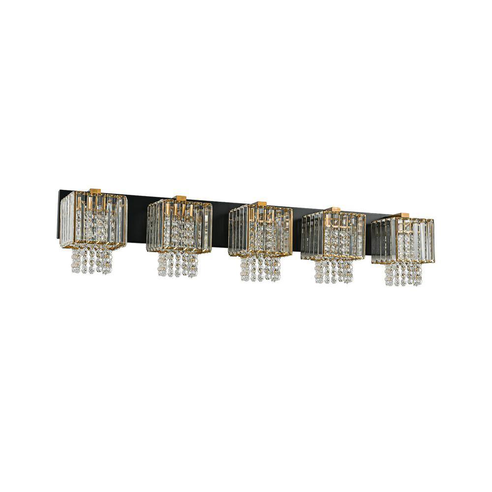 LLHZSY 39.37 in. 5Light Modern Black and Gold Crystal Vanity Light for