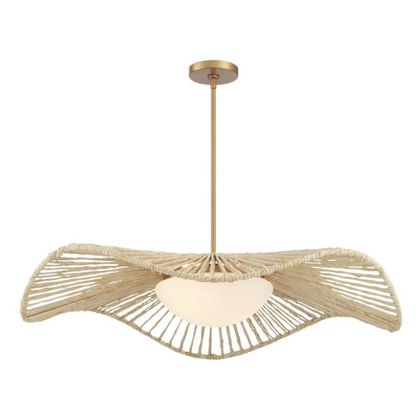 Longfield 60-Watt 2-Light Legacy Brass Pendant Light with Abaca Rope and Etched White Glass Shade, No Bulbs Included