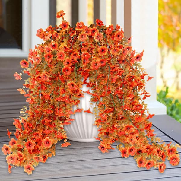 5 in. H Orange Artificial Hanging Fall Flowers 4-Pieces Fake Mums for Outdoor UV Resistant Decor Faux Silk Daisy Autumn