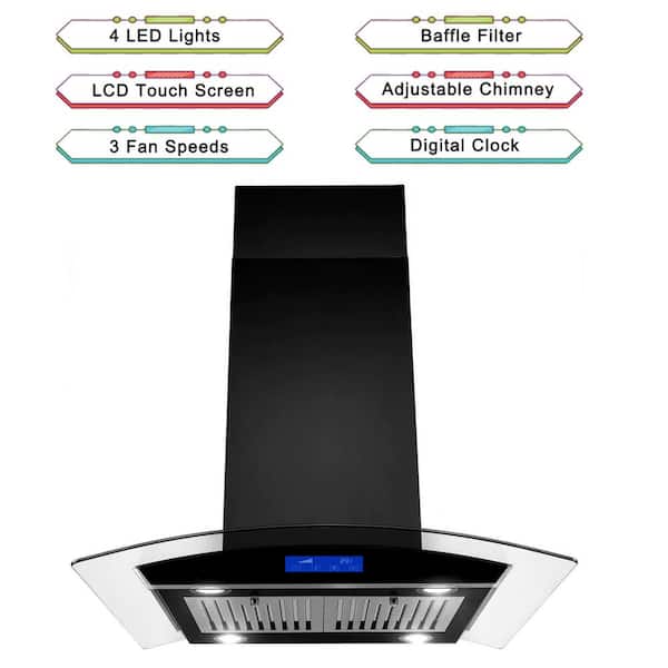 JOEAONZ Island Range Hood 30 inch Black 700CFM, Ceiling Mount Kitchen Vent  Hood Stainless Steel Ducted/Ductless Convertible Extractor Stove Exhaust